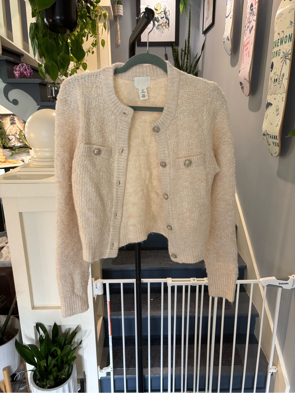 H&M Cream Textured Button-Up Cardigan